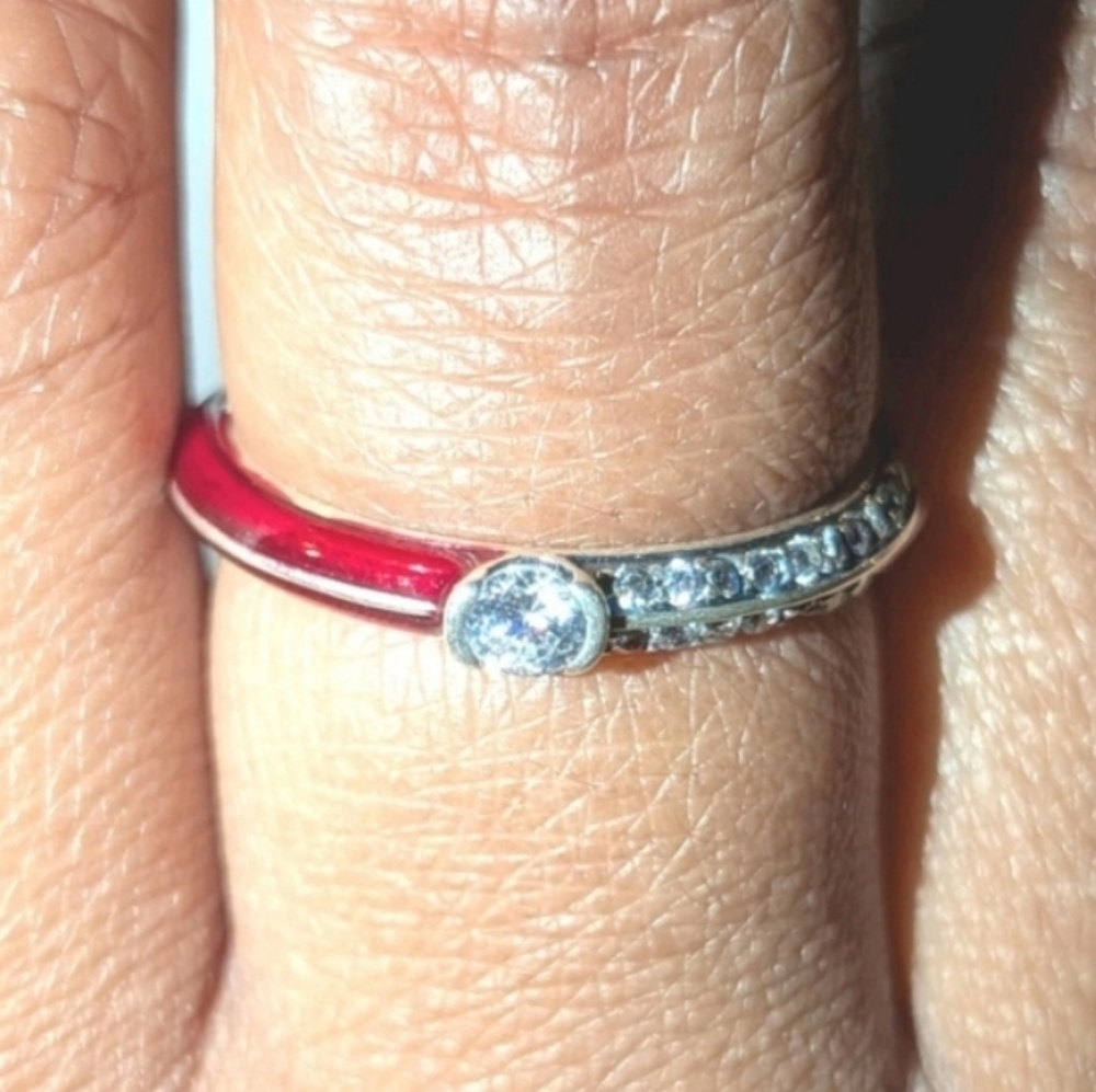 Womens 925 Sterling silver Pave Red/Golden Dual Cubic Zirconia Dainty Ring Sz7